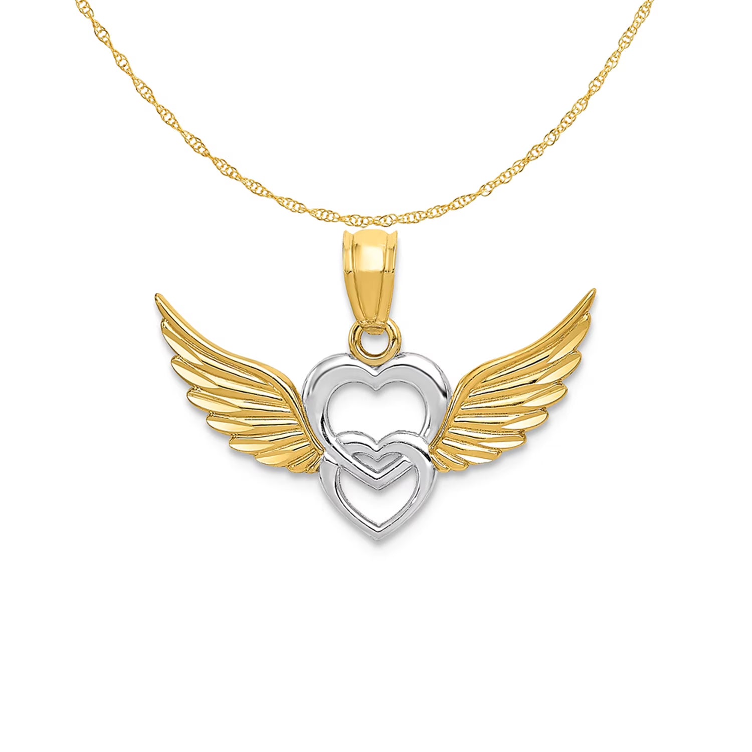 14K Two-Tone Gold Rhodium Plating Heart With Wings Pendant on 16 Inch 14K Gold Rope Chain Necklace A28751