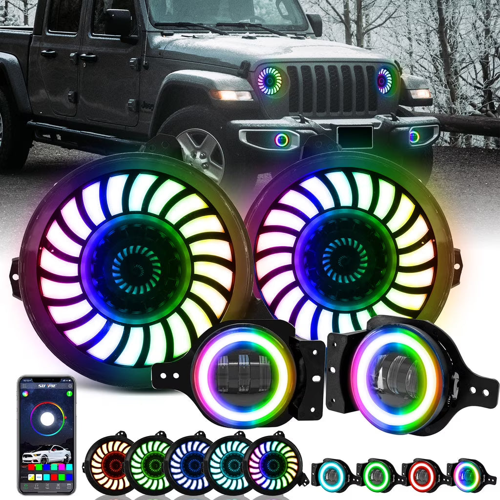 RGB 9" 3D LED Lens Halo Headlights & 4" Fog Lights Combo Kits B5741
