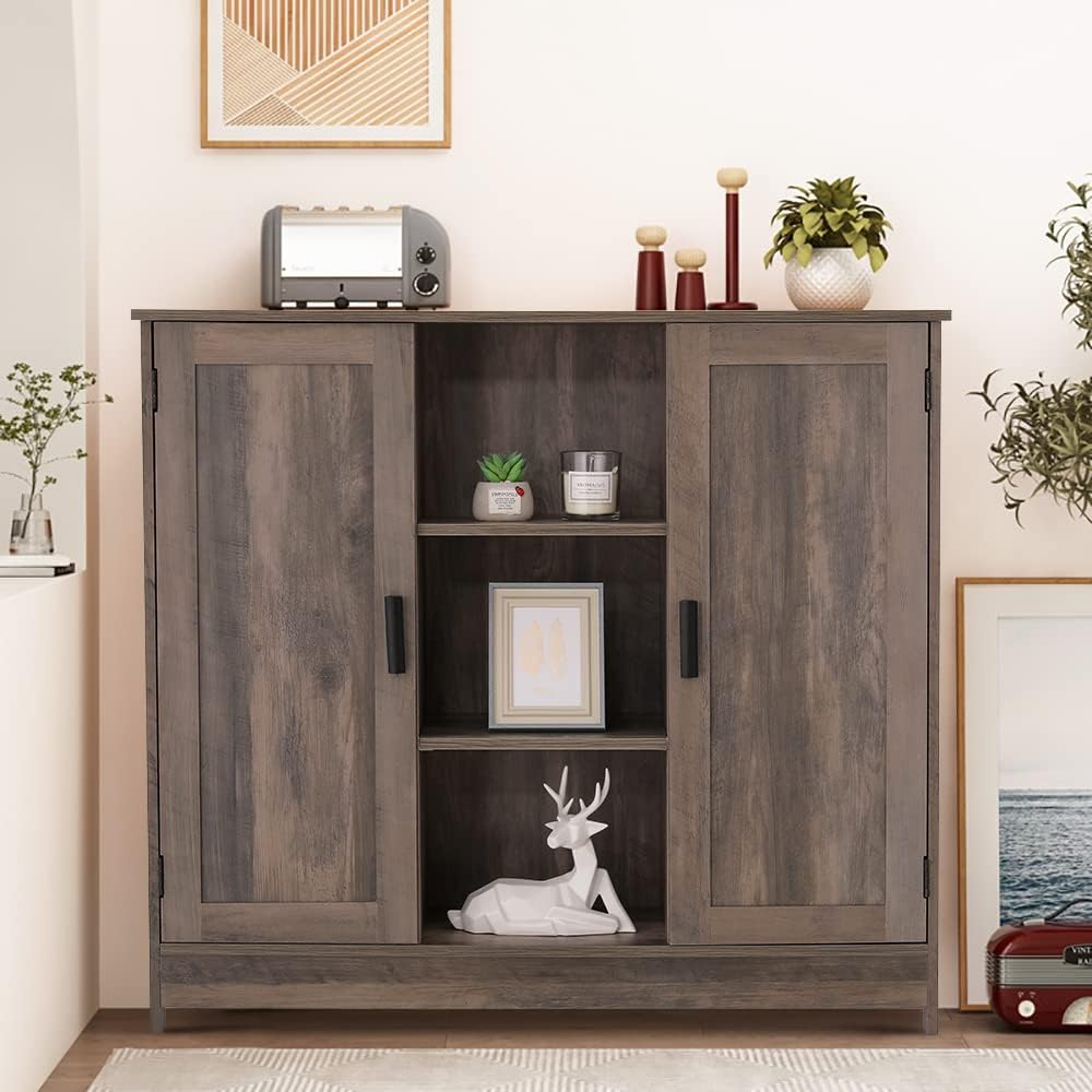 Rustic Oak Wooden Floor Storage Cabinet with 2 Doors and 2 Open Shelves E385669