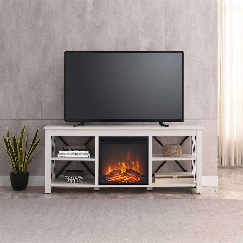 White TV Stand with Log Fireplace Insert L711375