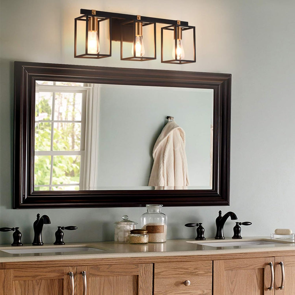 Black and Antique Brass Metal Cage Bathroom Vanity Light N382126