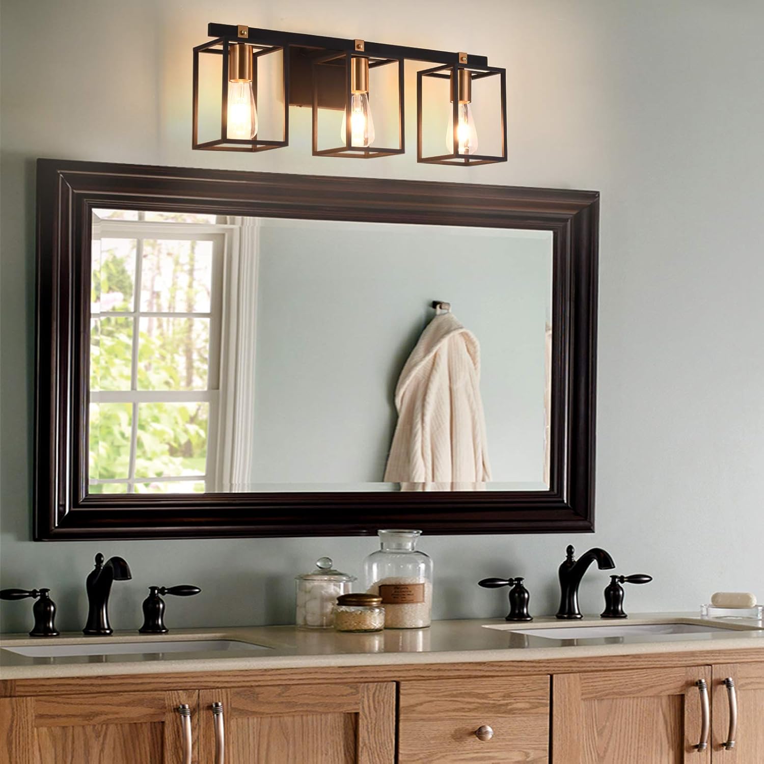 Black and Antique Brass Metal Cage Bathroom Vanity Light N382126
