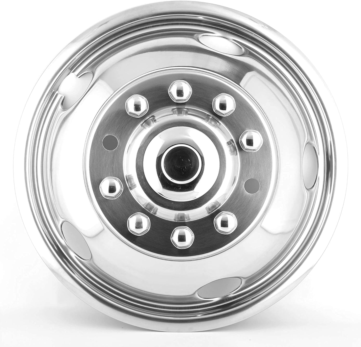 4pcs 19.5 Dually Steel Wheel Simulators Hub Covers 10 Lug Bolt on 304L Stainless Steel Polished Hub Cap Skins Liners F61945