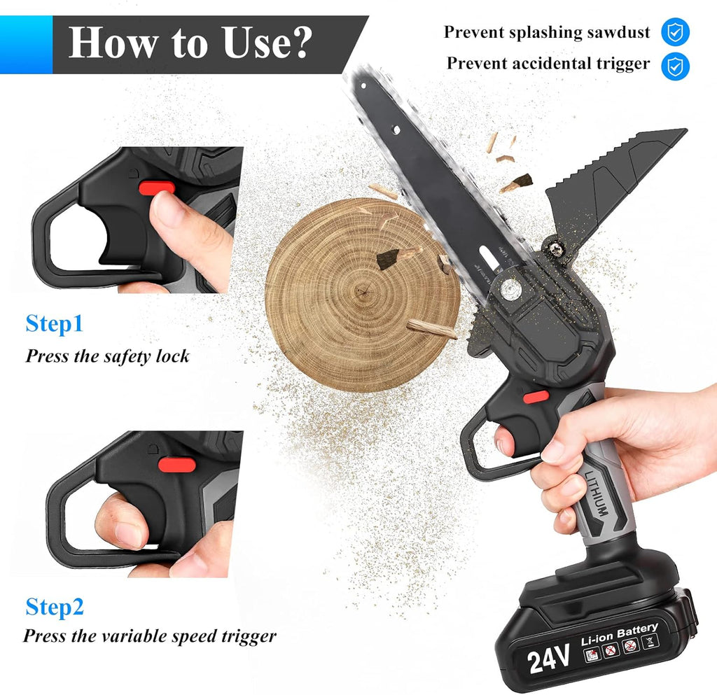 6-Inch Cordless Electric Chainsaw with 2 Batteries and Chains F185