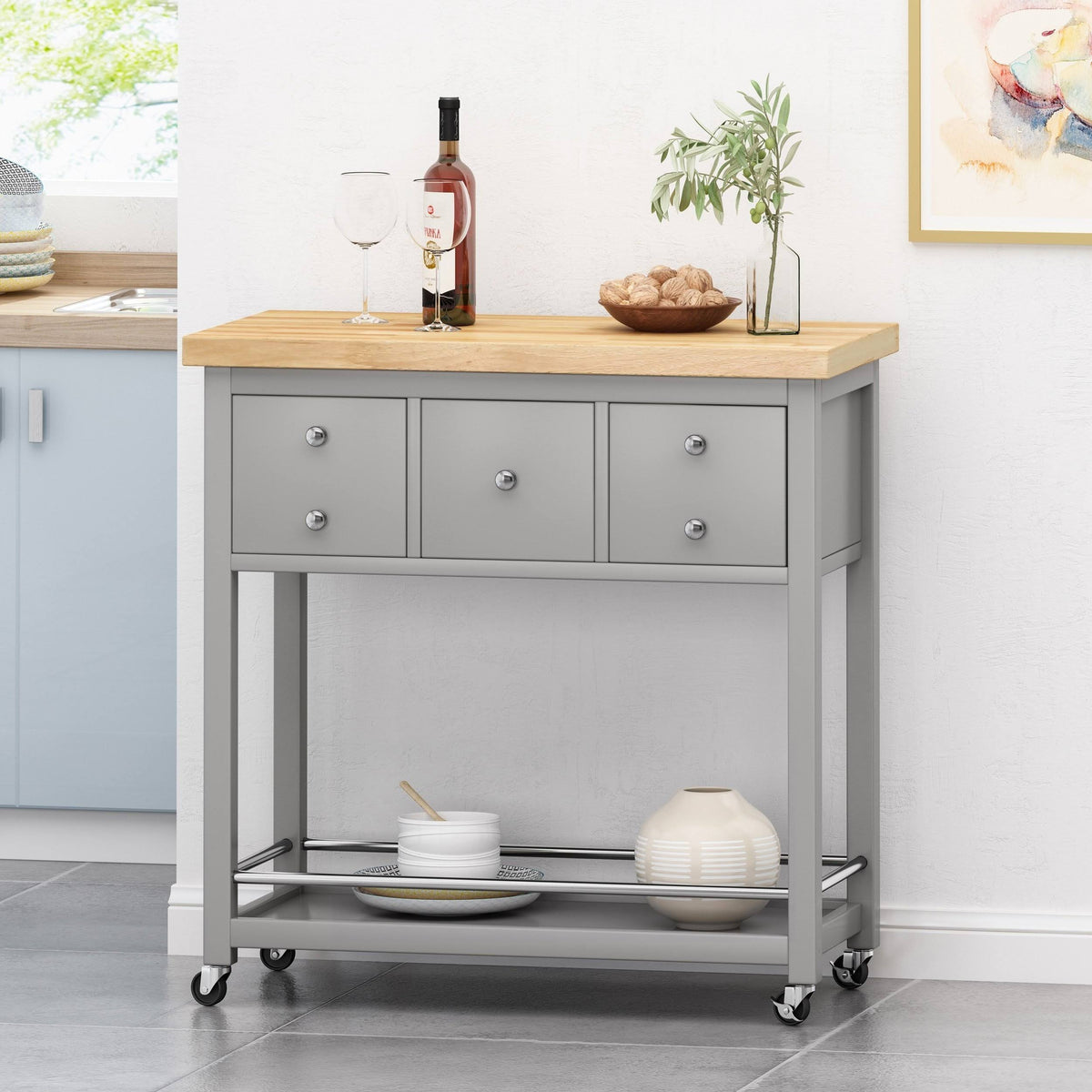 White Natural Kitchen Cart with Wheels E8442