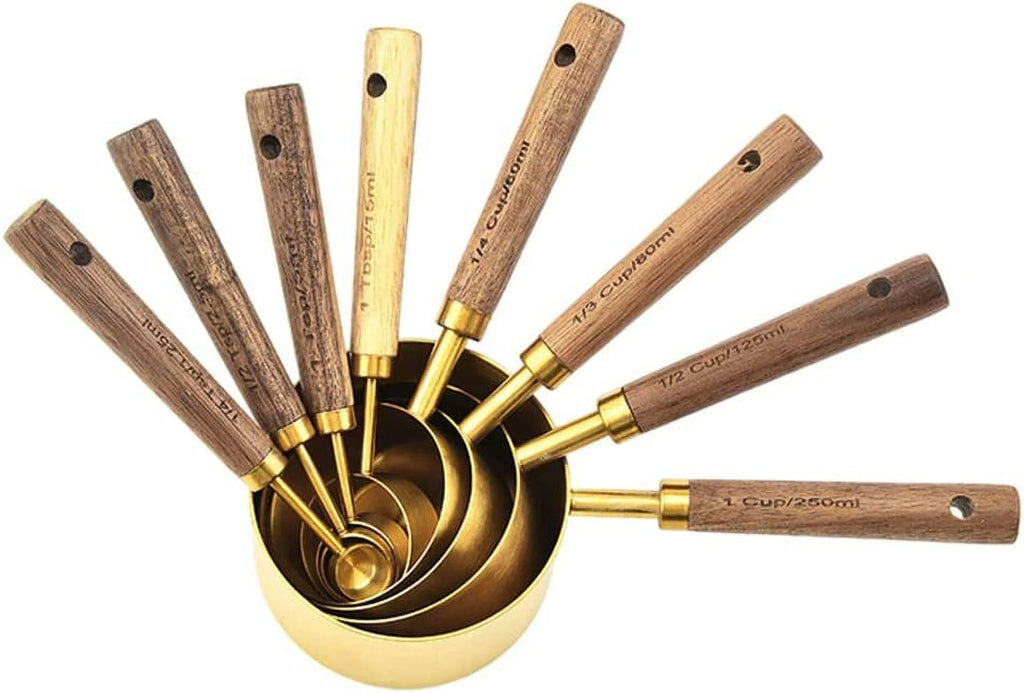 Gold Stainless Steel Measuring Cups and Spoons Set with Wooden Handle R65653