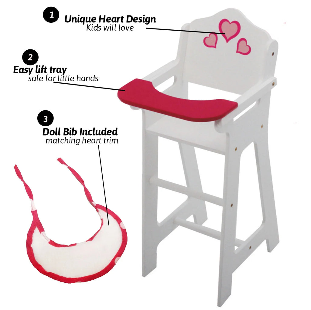 Wooden Doll High Chair with Doll Bib Fits 18" Dolls P1134