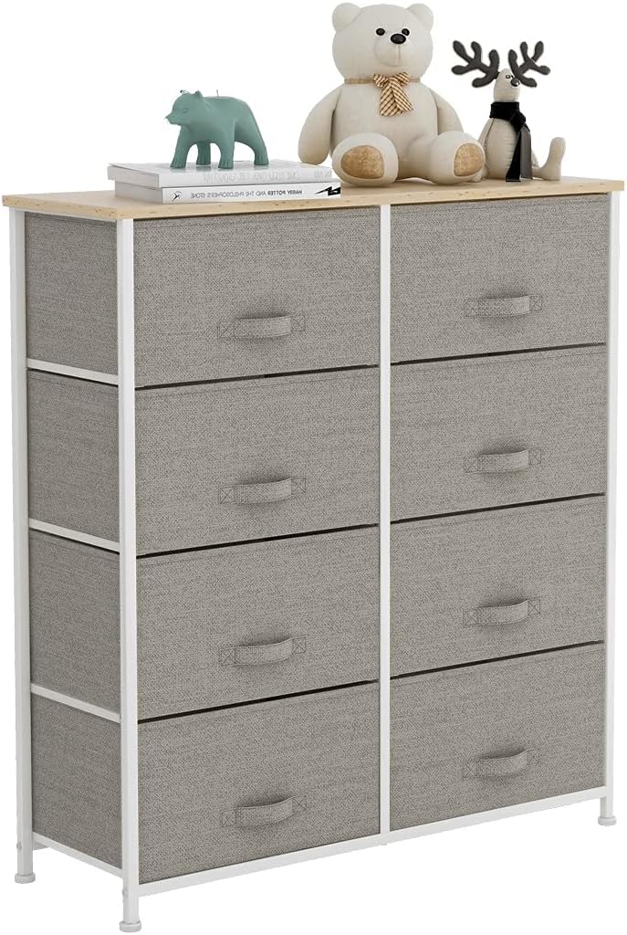 Light grey 8 Drawer Fabric Dresser with Steel Frame and Wooden Top A974234