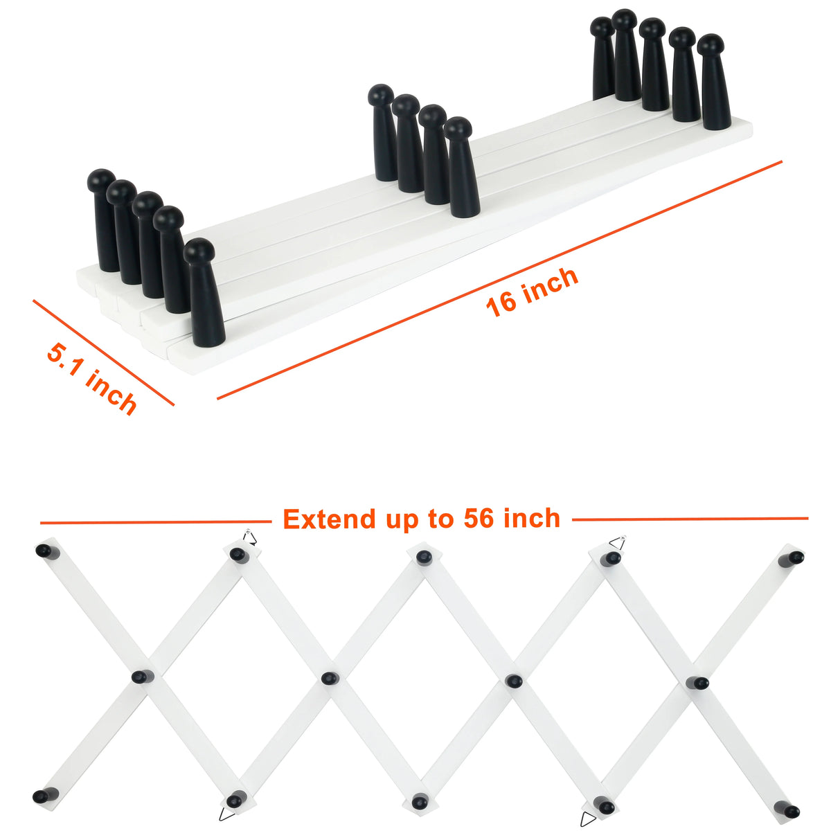 White 14 Pegs Wooden Expandable Coat Rack L448