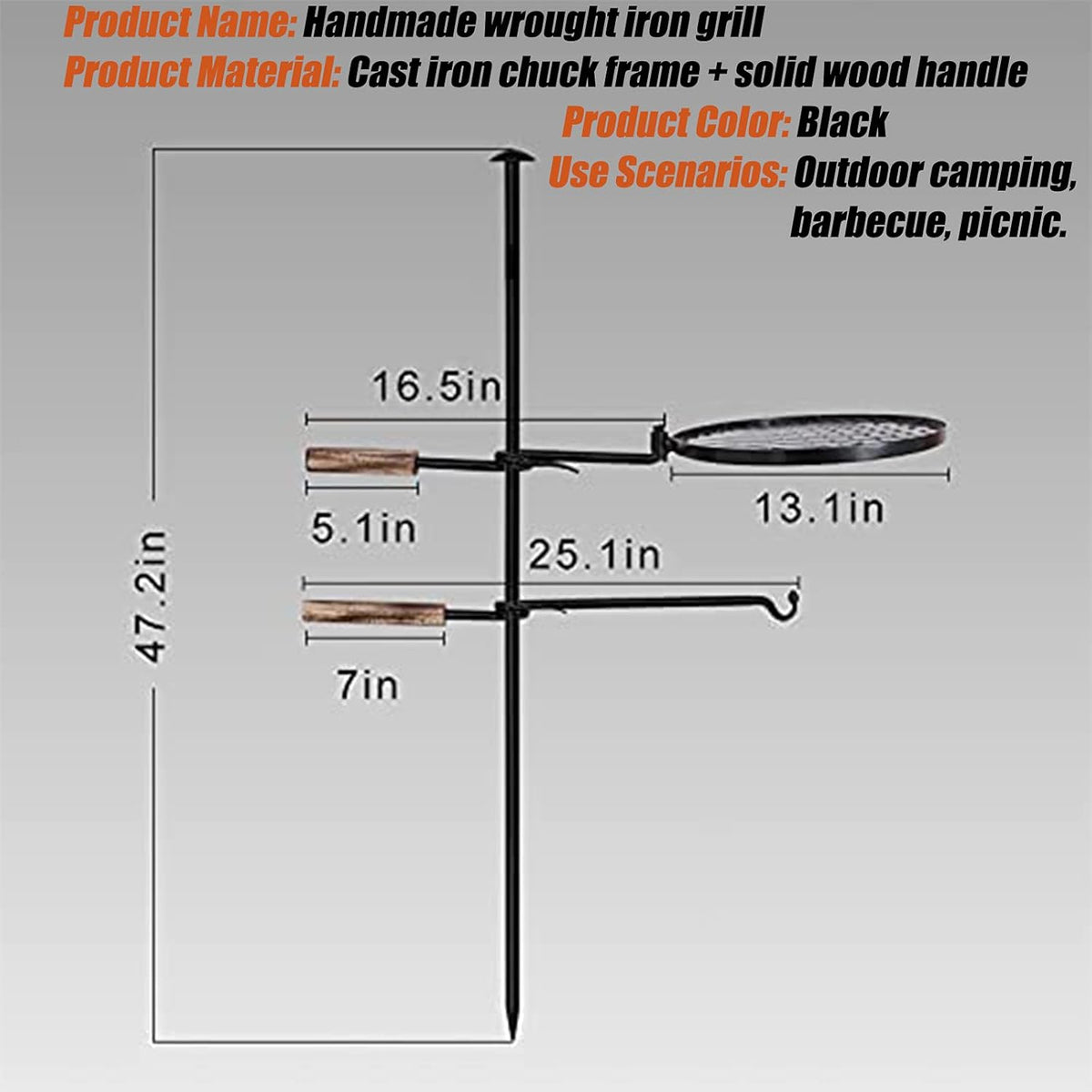 Campfire Swivel Grill Grate, 360° Adjustable 13 Inch Heavy Duty Portable Cooking Griddle P6771
