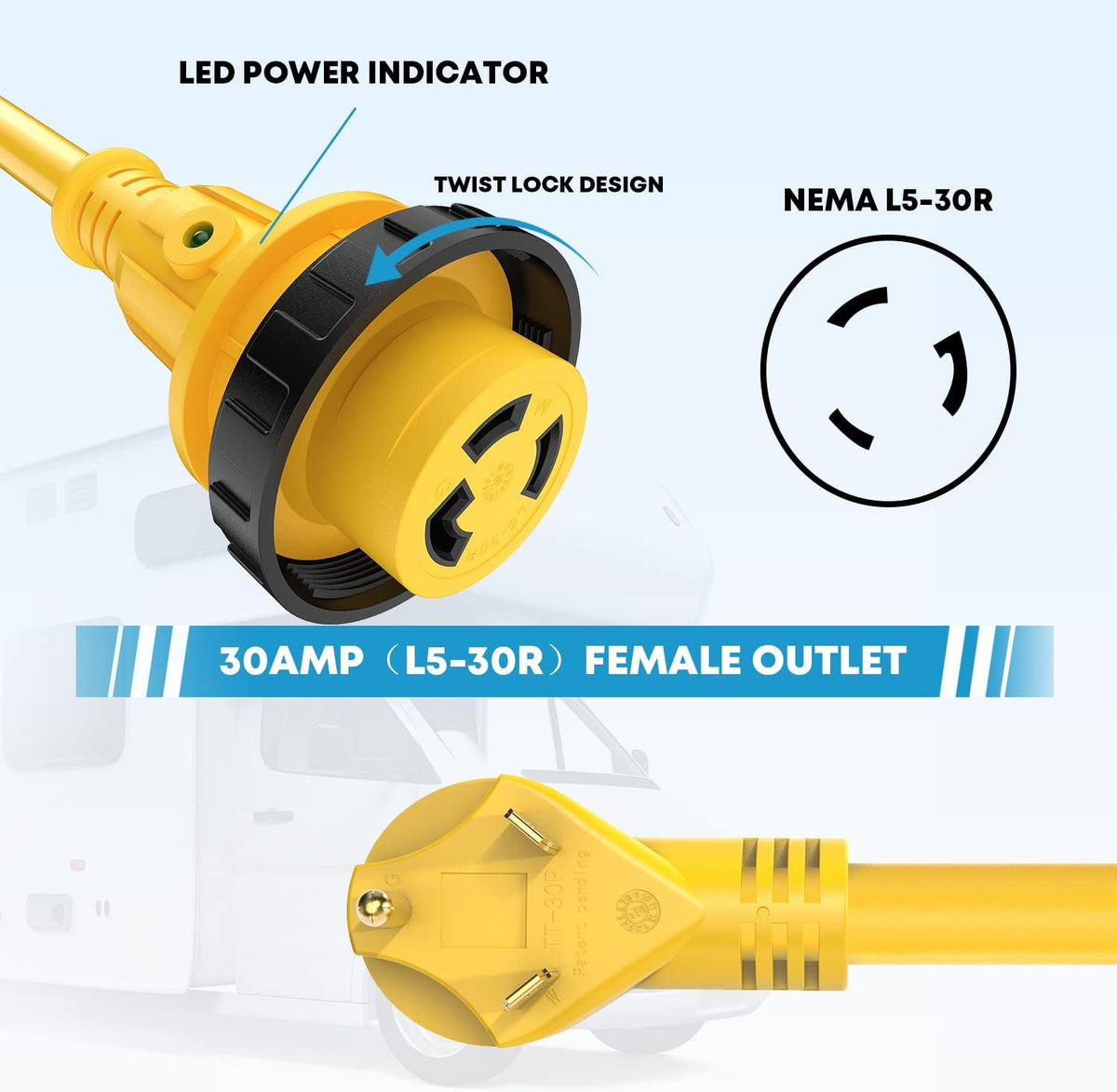 30 Amp RV Power Extension Cord 50 ft with LED Indicator, 125V, 3750W B642