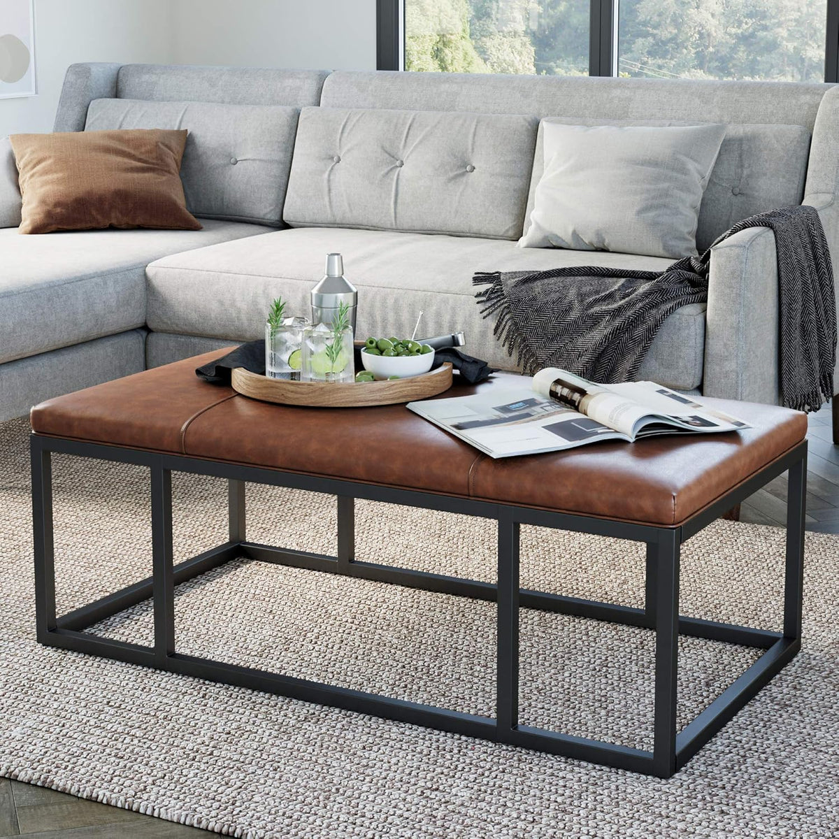 Walnut Acacia Veneer and Metal Rectangle Coffee Table E57688