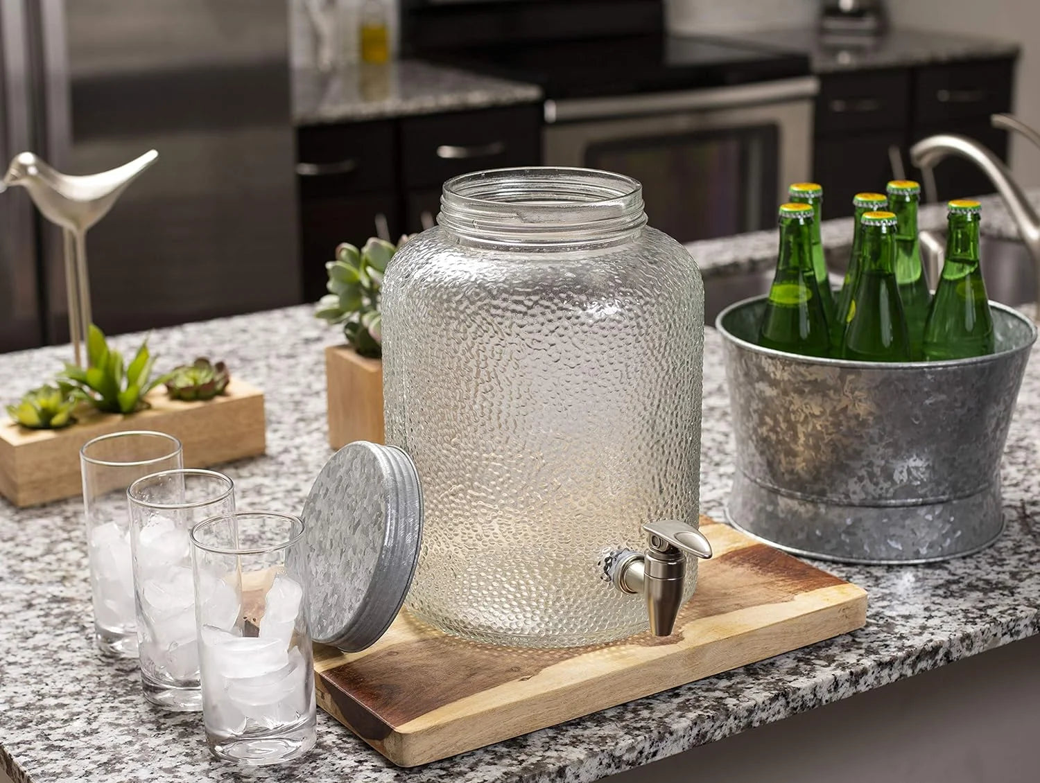 Pebbled Glass Beverage Dispenser With Galvanized Stand H7598