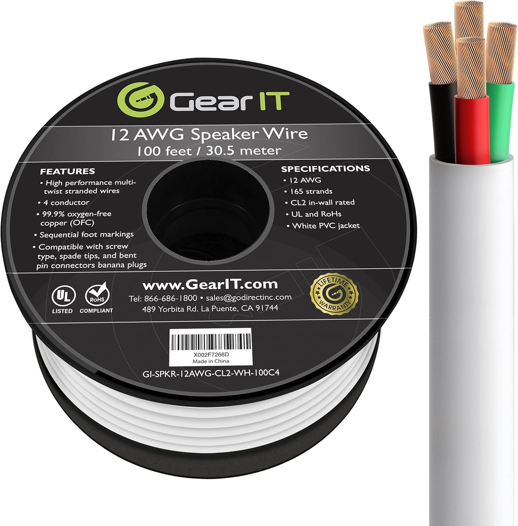 14/4 Speaker Wire 250 Feet 14AWG CL2 Rated 4 Conductors OFC Oxygen-Free Copper White R18571