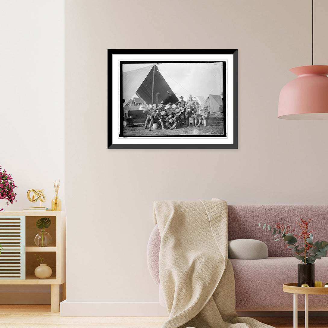 Historic Framed Print, U.S. Army group of soldiers in front of tent, 17-7/8" x 21-7/8" Y71455