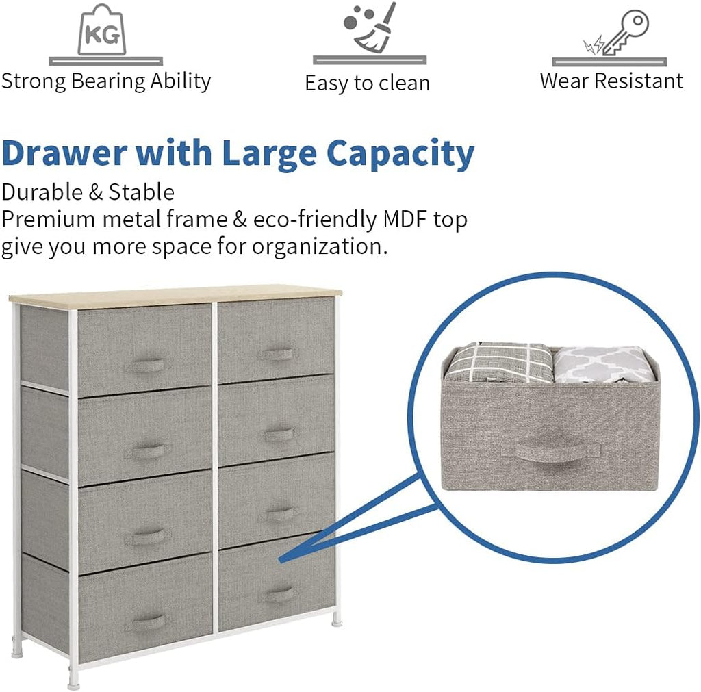 Light grey 8 Drawer Fabric Dresser with Steel Frame and Wooden Top A974234