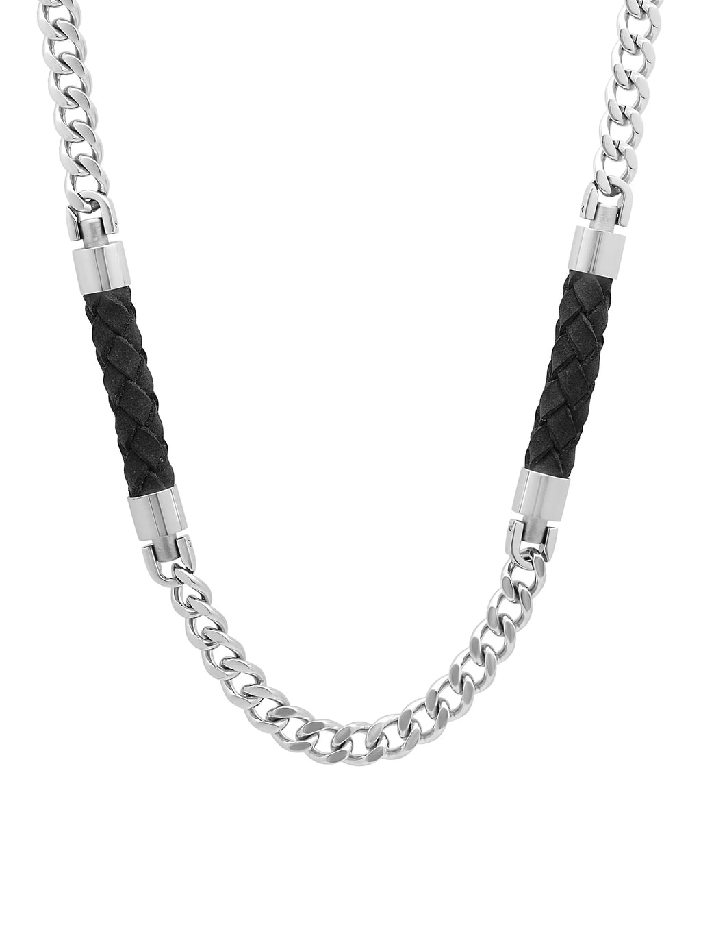 Men's Stainless Steel Black Leather Weave Curb Chain Necklace, 24" L713