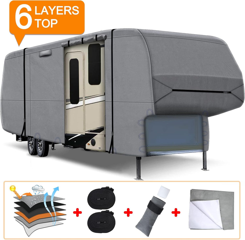 Heavy Duty 6 Layers 5th Wheel RV Cover Anti-UV Breathable Rip-Stop with 2Pcs Extra Straps & Gutter Spout Covers L8003