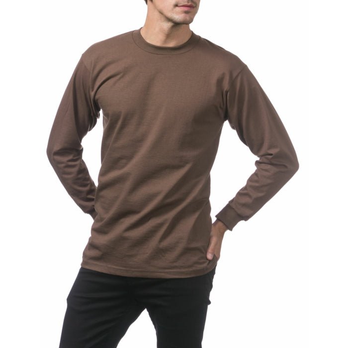 Pro Club Men's Heavyweight Cotton Long Sleeve Crew Neck T-Shirt Brown