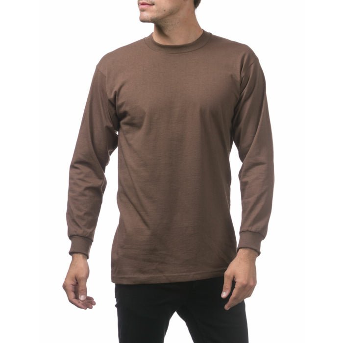 Pro Club Men's Heavyweight Cotton Long Sleeve Crew Neck T-Shirt Brown